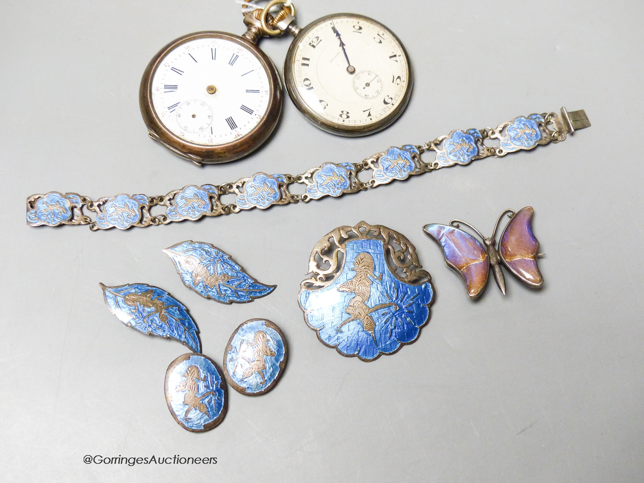 A white metal and enamel bracelet and brooch and other minor items.